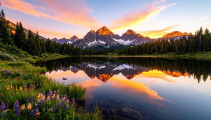 Breathtaking mountain landscape at sunset, reflecting in a serene lake surrounded by vibrant wildflowers and lush greenery.
