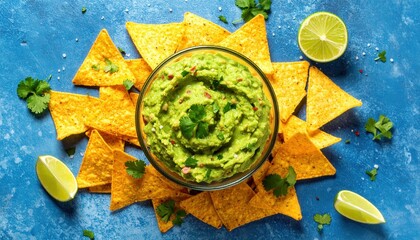 Delicious guacamole served with crispy tortilla chips and lime slices, perfect for sharing at parties or enjoying as a snack.