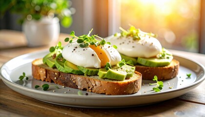 Delicious avocado toast topped with poached eggs, fresh herbs, and a warm, inviting atmosphere, perfect for a healthy breakfast.
