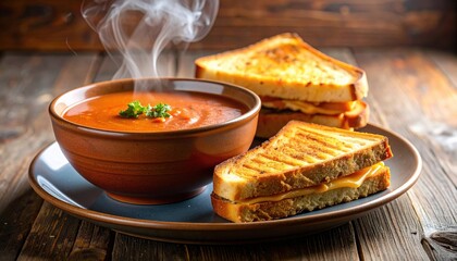 Delicious bowl of steaming tomato soup alongside crispy grilled cheese sandwiches, perfect for a cozy meal.