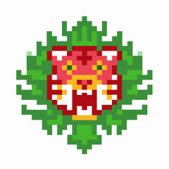 Pixel art red tiger face with open mouth, surrounded by symmetrical green leaves, geometric digital illustration design