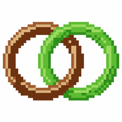 Pixel art wedding rings, brown and green interlocking circles, retro video game marriage, commitment symbol