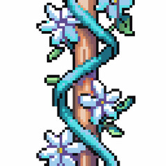 Fototapeta premium Pixel art blue vine with blooming flowers wrapping around brown stem, isolated on white background, retro decorative design