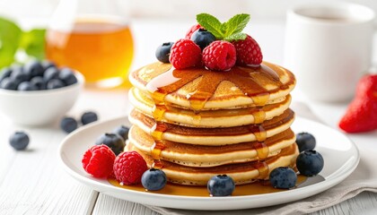 Delicious pancakes topped with fresh berries and maple syrup, perfect for breakfast or brunch. Enjoy a tempting, sweet treat today!
