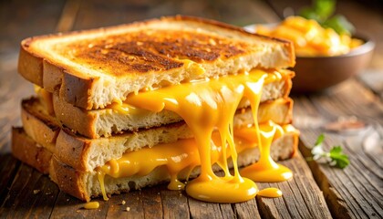 Delicious melted cheese spilling from golden toasted bread, perfect for comfort food lovers and culinary photography.