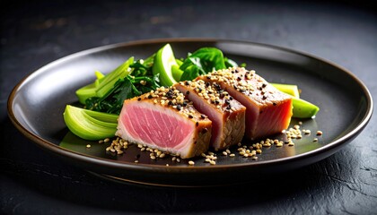 Deliciously seared tuna steak with sesame seeds served on a plate with fresh greens, perfect for culinary enthusiasts.