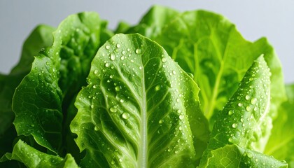 Fresh green lettuce leaves with droplets of water, symbolizing health and freshness in culinary presentations.