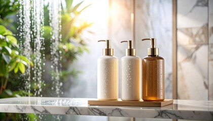 Elegant shampoo and conditioner bottles on a marble surface with a serene backdrop of greenery and soft light creating a relaxing ambiance.