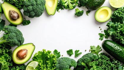 Fresh green vegetables including broccoli, avocado, and cucumber arranged creatively on a white background for healthy living.