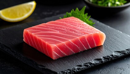 Fresh, vibrant sushi-grade tuna sashimi displayed on a slate board with garnish and lemon slice for culinary enthusiasts.