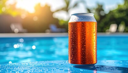 Refreshing beverage can by the pool, glistening with droplets under the sun, perfect for a sunny day.