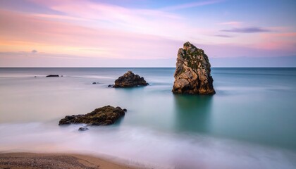Serene ocean view at dusk with rocky formations and soft waves, capturing a tranquil moment in nature's beauty.