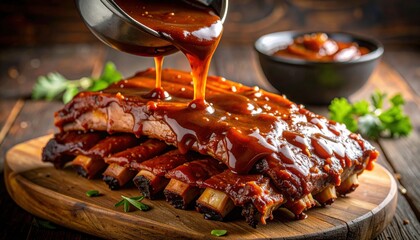 Succulent ribs coated in rich barbecue sauce, served on a wooden platter with fresh herbs, perfect for a delicious meal.