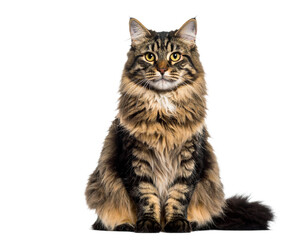 Fototapeta premium Fluffy Tabby Cat Sitting and Looking Forward Isolated