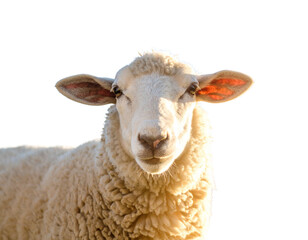 Fluffy White Sheep Standing in Isolation Under Blue Sky