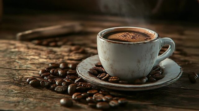 Steaming cup of coffee with roasted beans on rustic wooden table - Powered by Adobe
