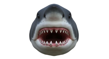 Fototapeta premium Great white shark with menacing teeth shows power and ferocity of this animal in the ocean, against a plain white background.