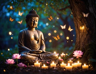 Fototapeta premium Buddha statue in garden at night (1)