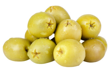 Real photo of heap of green pitted olives isolated on transparent background.