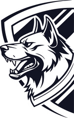 black and white digital sketch,stylized dog head portrait,detailed animal anatomy,dark minimalistic design,clean graphic vector illustration
