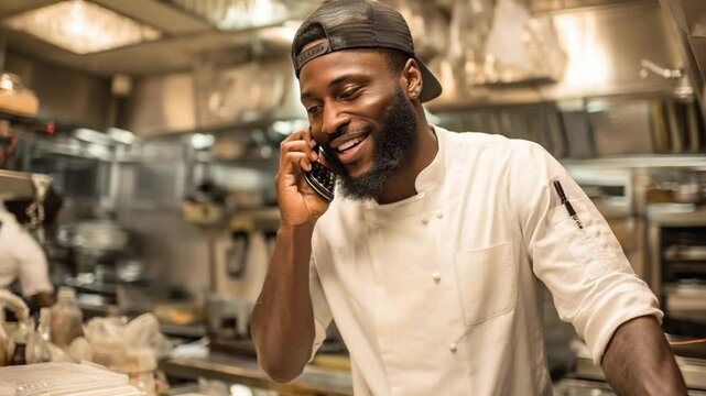 A Chef's Culinary Connection: A professional chef, donned in a crisp uniform and a baseball cap, smiles warmly while engaged in a phone conversation in a bustling kitchen.