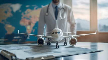 Medical tourism and medical hub concept, traveling internationally for medical care, treatment of specific diseases, airplane