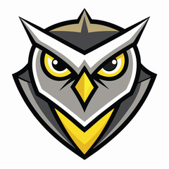 The geometric owl gazes intensely, exhibiting symmetrical plumage in grey and gold tones
