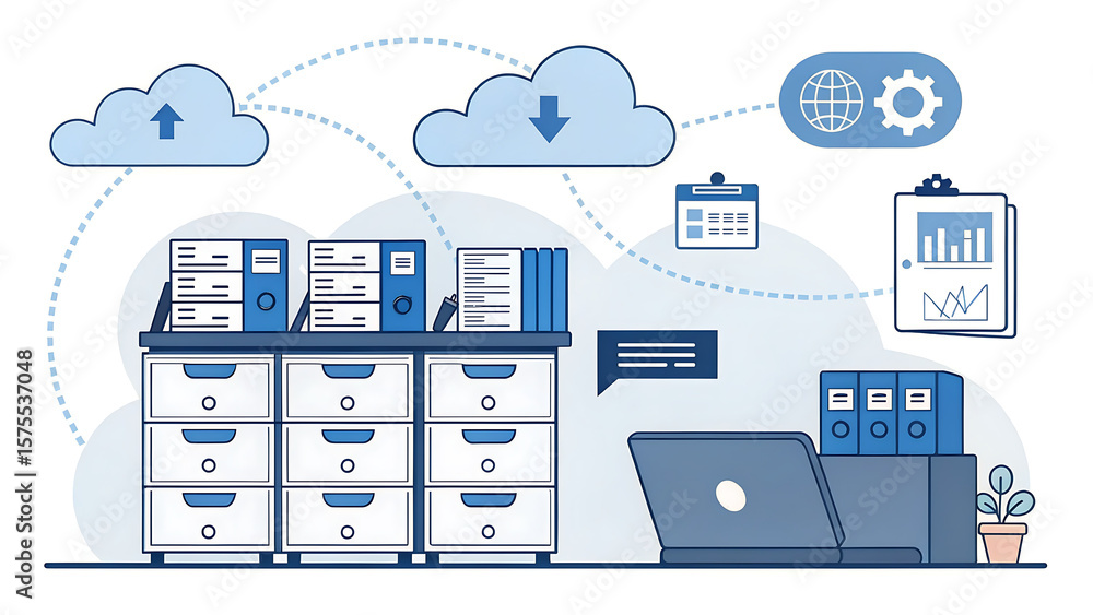Poster illustration of office setup with cloud storage and data analysis charts and file cabinet storage ai