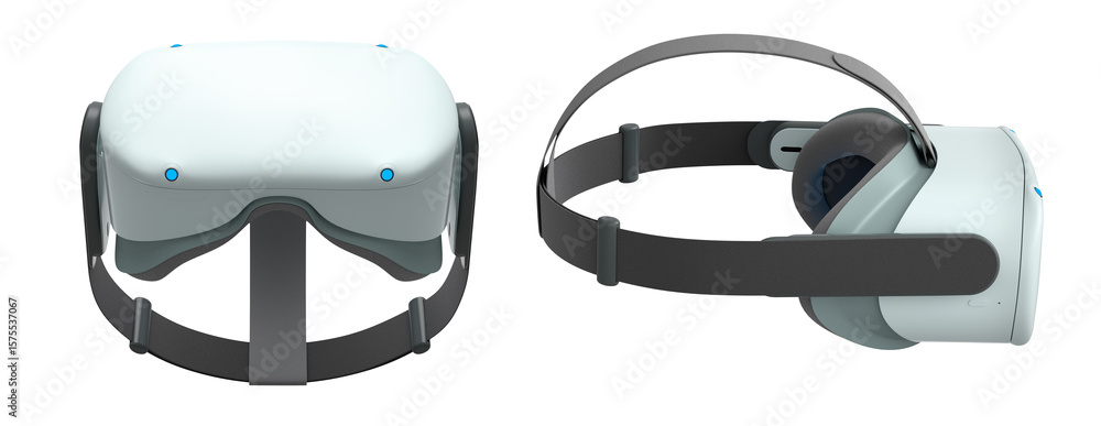 Poster virtual reality glasses and headset isolated on white background with clipping path. 3d render of de