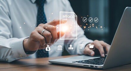Gleaming digital invoice screen touched by a man in crisp white shirt navy tie a modern financial scene bathed in bright
