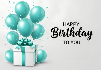 Festive Birthday Celebration with Turquoise Balloons and Gift Box Wishing Happiness and Joy for a Memorable Day