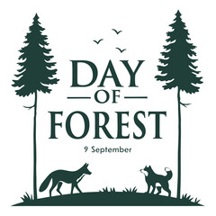 Naklejka premium Celebrate world forest day on september 9th with a charming illustration of two foxes and soaring birds amidst pine trees