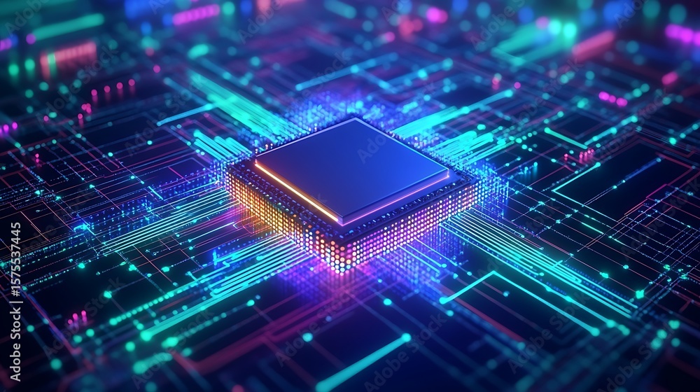 Poster abstract glowing circuit board with central processor