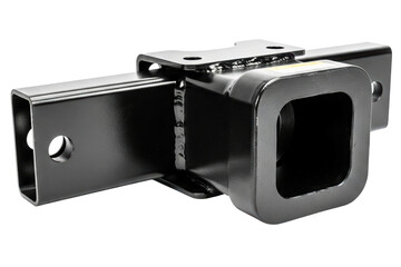 Close-up of a heavy-duty black metal trailer hitch tow receiver isolated on a transparent background