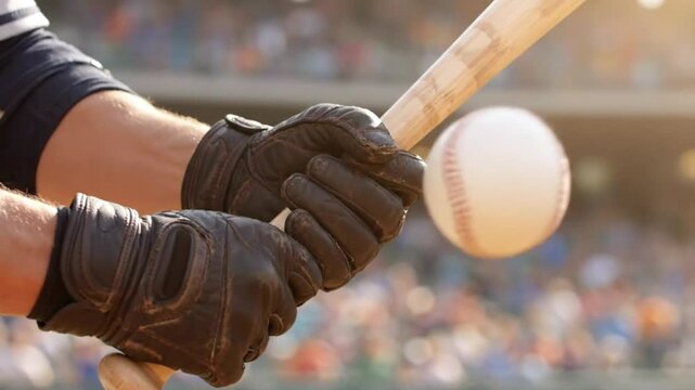 A baseball players gloved hands firmly grip a wooden bat, ready to swing at the pitch with intense focus amidst a blurred stadium crowd and warm sunlight