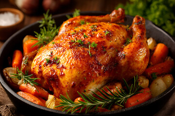Roasted Chicken: A mouthwatering roasted chicken is presented in a rustic pan, accompanied by an array of colorful root vegetables and herbs, representing a delicious culinary experience.