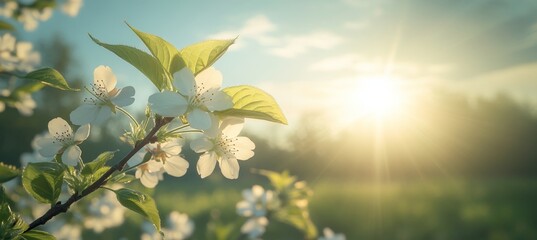 Obraz premium Delicate Spring Scene Serene White Cherry Blossoms Under a Bright Sky with Soft Sunlight Effects