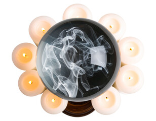 Witchcraft Crystal Ball with Candlelight Reflections and Smoke Wisps, Top View, Isolated on Transparent Background