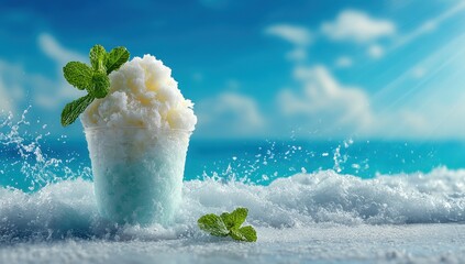 Tropical snow cone with coconut milk and mint in ice cream cup on beach, blue sky background with sea waves. Ideal for beverage advertising, summer promotions, and travel branding.
