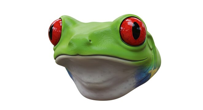 Vivid red eyed tree frog face stares intensely on a clean white backdrop captivating the viewer's focus