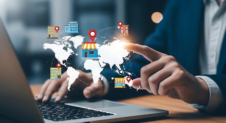 A focused business professional navigates a world map on a laptop screen connecting diverse retail locations with ease