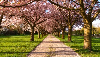Blossoming trees line a pathway