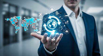 Glowing world map in the palm of a businessman s hand symbolizing global trade connectivity and a network of logistics