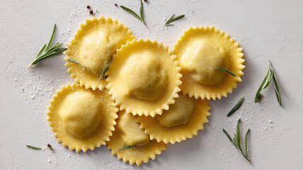 Golden ravioli pasta arranged on light surface with sprigs of rosemary and sprinkle of flour, creating fresh and appetizing presentation