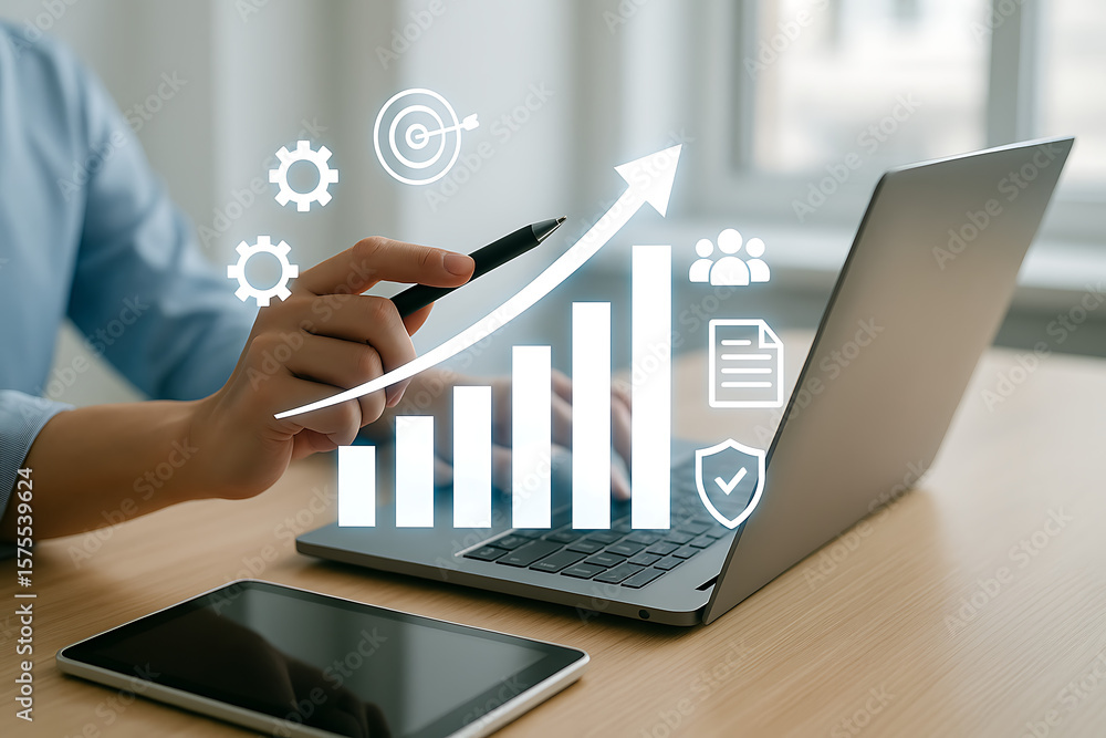 Poster corporate analytics showing business success performance metrics planning strategy with digital grow