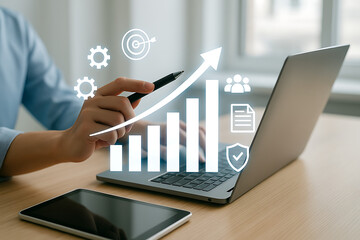 Corporate analytics showing business success performance metrics planning strategy with digital growth chart interface hand pointing to improvement indicator trend report visualization screen