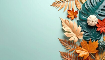 Captivating autumn decor with colorful leaves and pumpkins vibrant background nature-inspired composition indoor arrangement top-down perspective