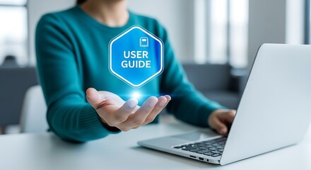 Hovering blue user guide over open palm teal sweater sleeves laptop on a white table clean bright tech office aesthetic