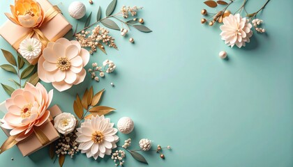 Elegant floral arrangement with gift boxes studio setup decorative art bright atmosphere aesthetic viewpoint celebratory concept