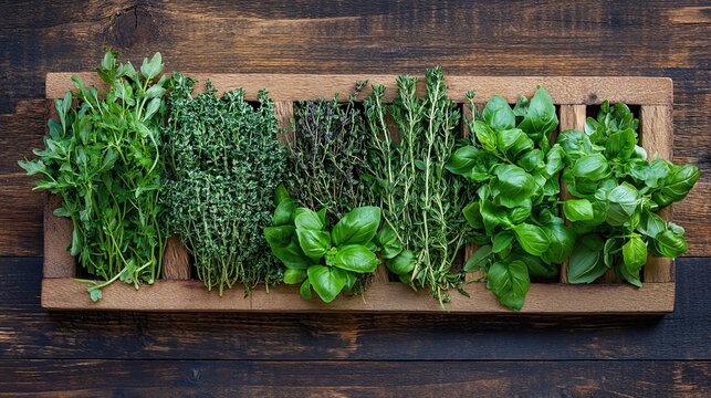 Fresh herbs arranged on wooden planks, ready for culinary use